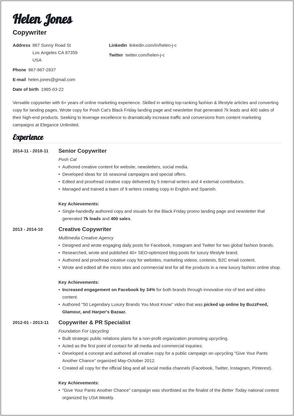 Resume For A Writing Job