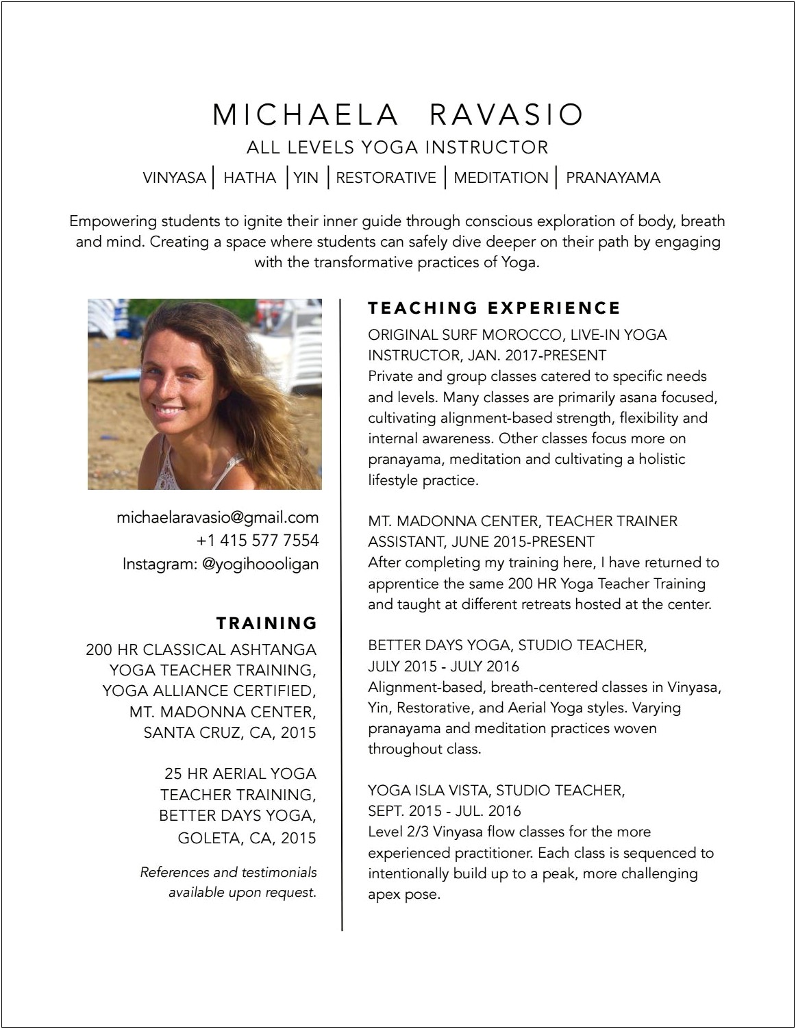 Resume For A Yoga Instructor With Little Experience