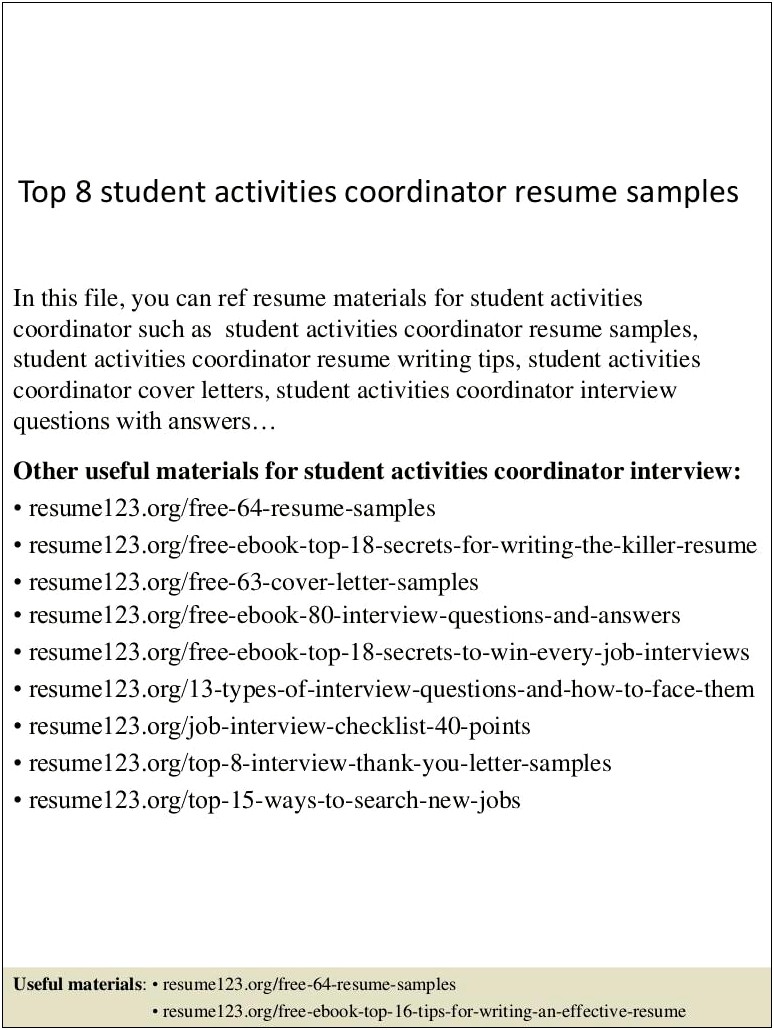 Resume For Activites Coordinatorposition Examples