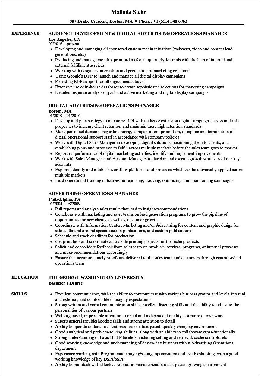 Resume For Ad Operations Manager