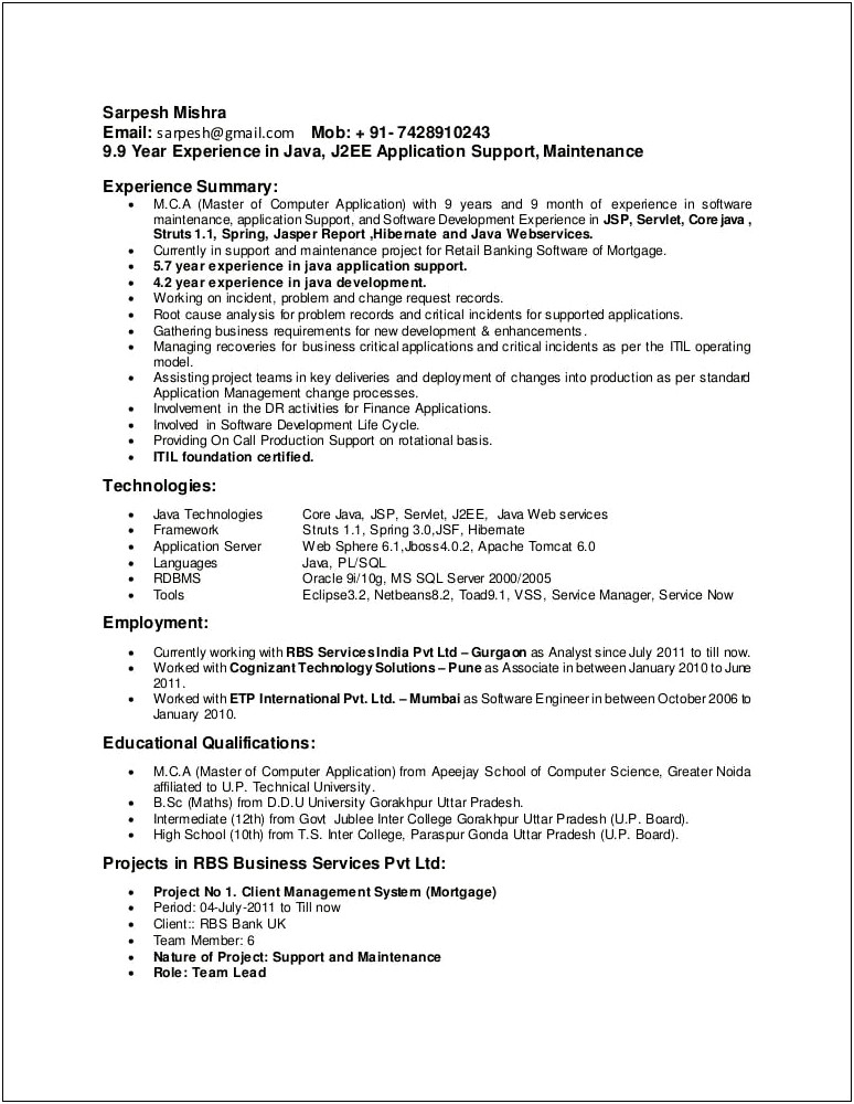 Resume For Application Support Manager