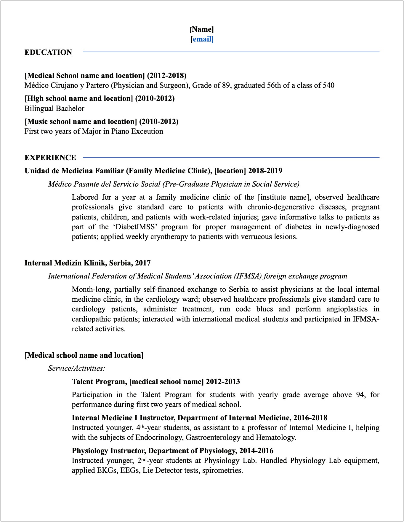Resume For Application To Medical School