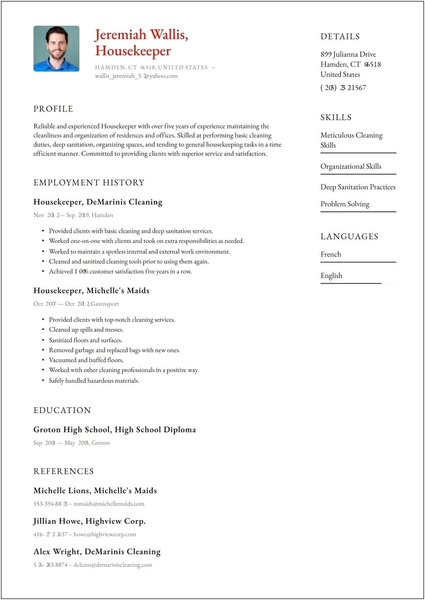 Resume For Applying For A Housekeeping Hotel Job