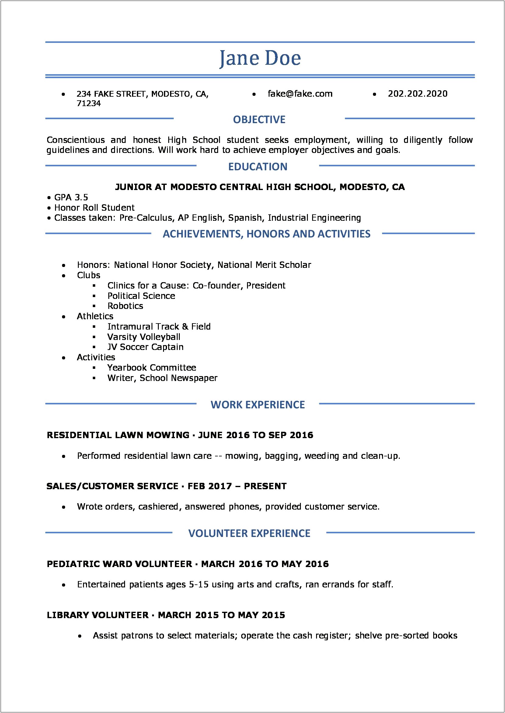 Resume For Applying To High School