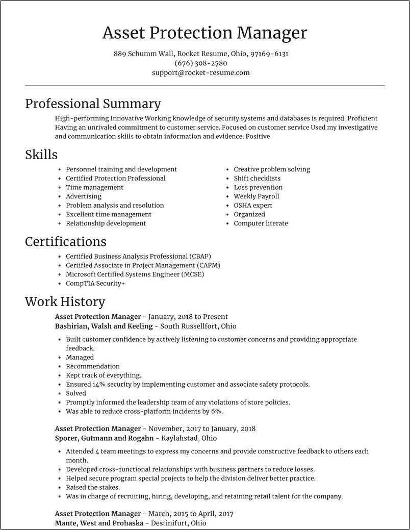 Resume For Asset Protection Manager