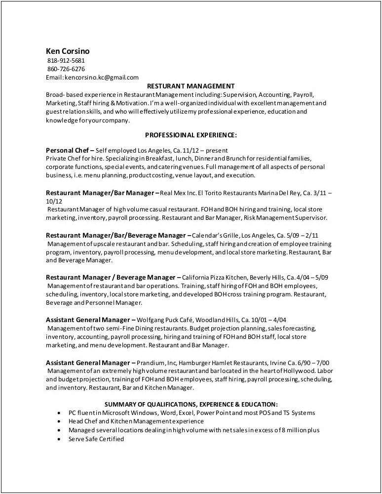 Resume For Assistant General Manager For Kitchen