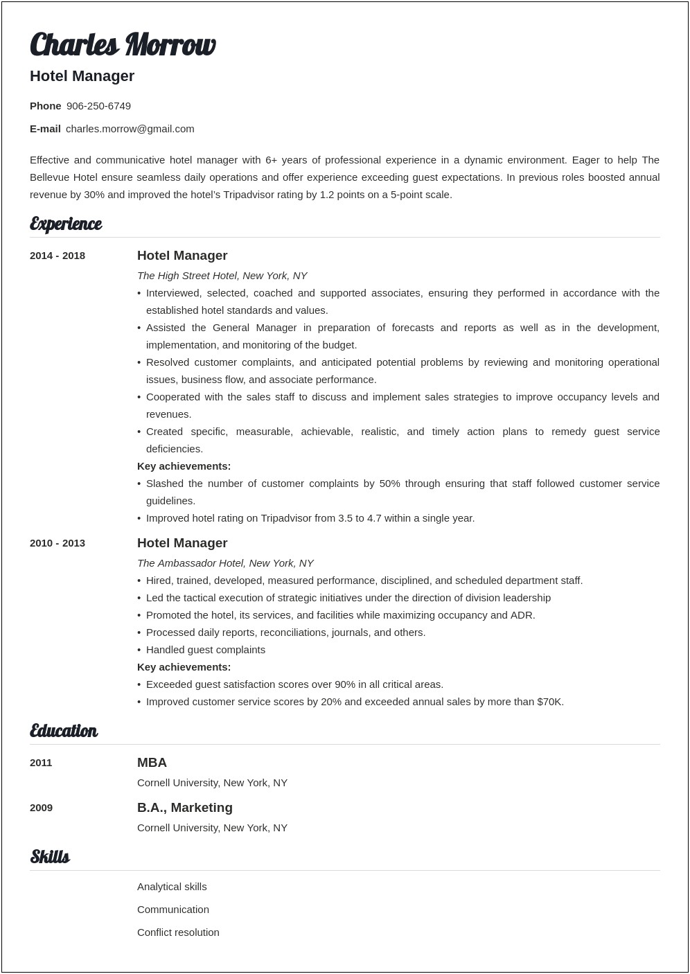 Resume For Assistant General Manager Of A Hotel