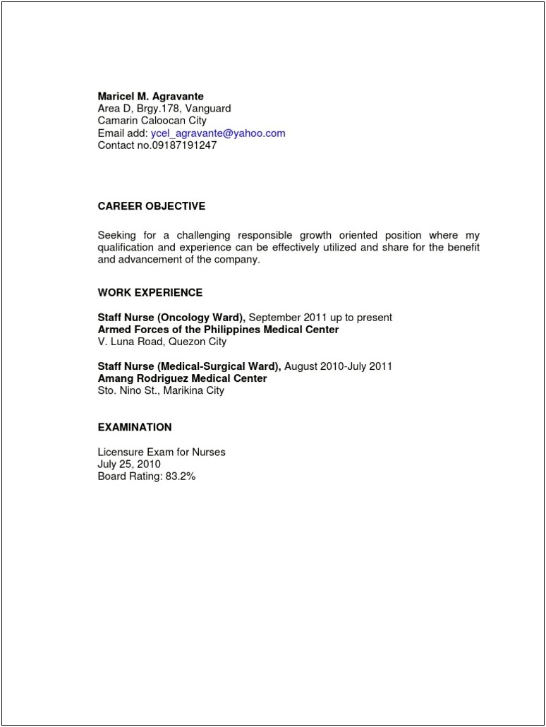 Resume For Assistant Nurse Manager Position