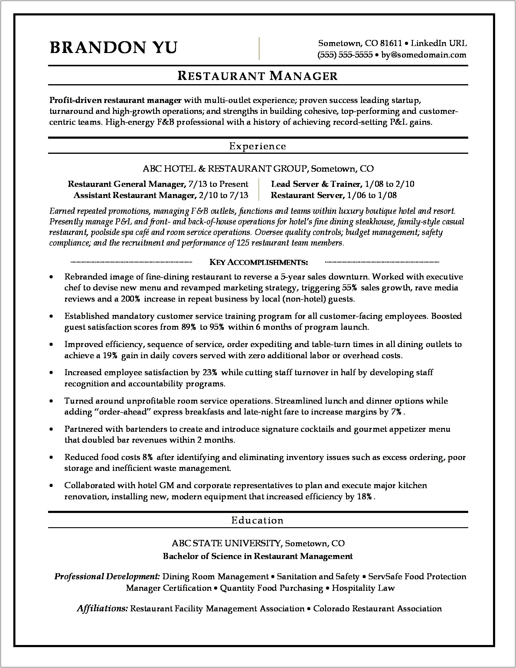 Resume For Assitent Manager Restaurant Job