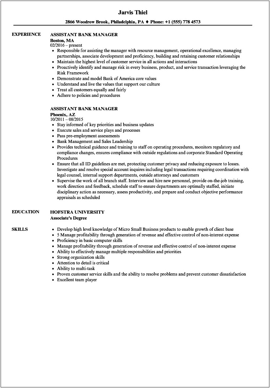 Resume For Asst Manager In Operation In Bank
