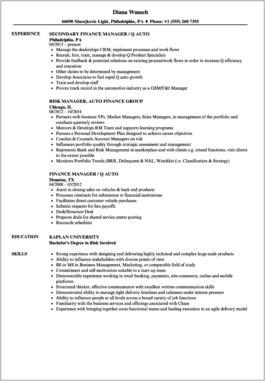 Resume For Auto Finance Manager