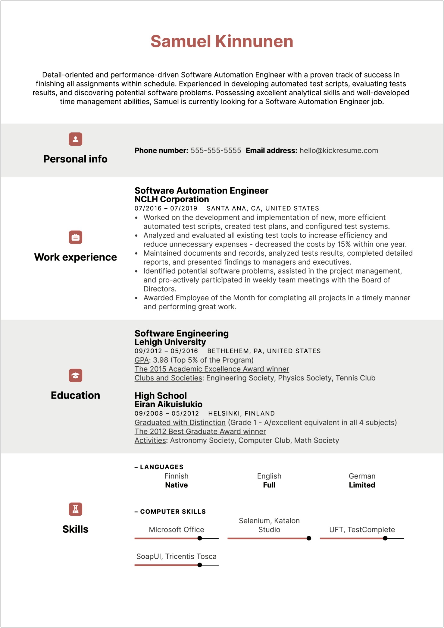 Resume For Automation Testing Sample