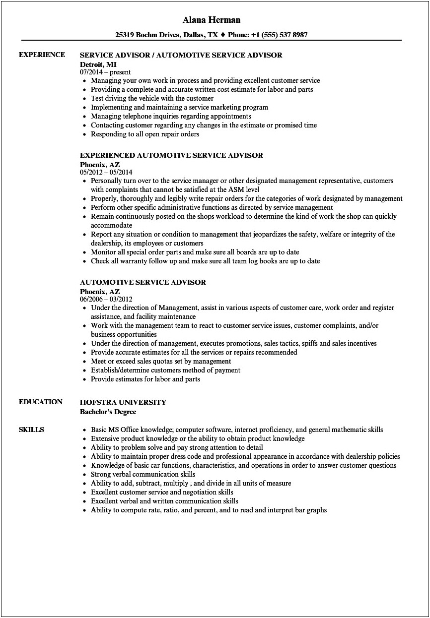 Resume For Automobile Service Manager