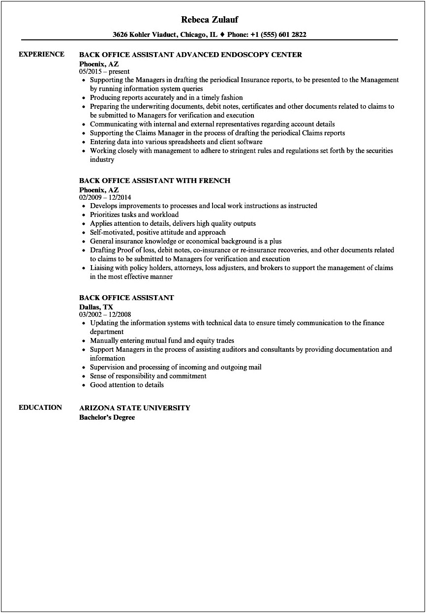 Resume For Back Office Jobs