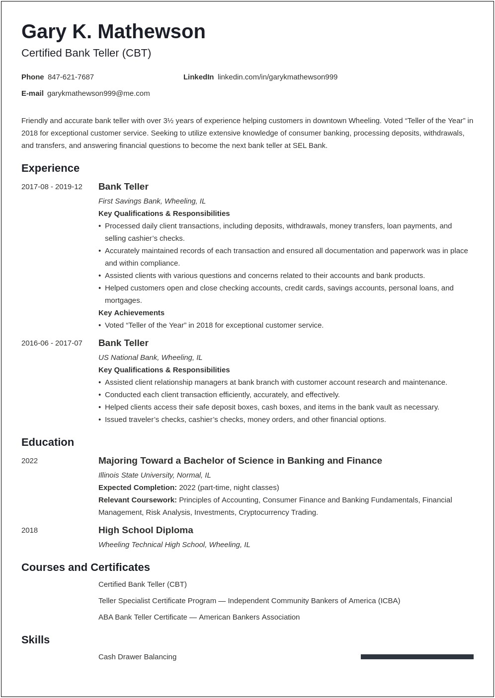 Resume For Bank Teller Job With No Experience