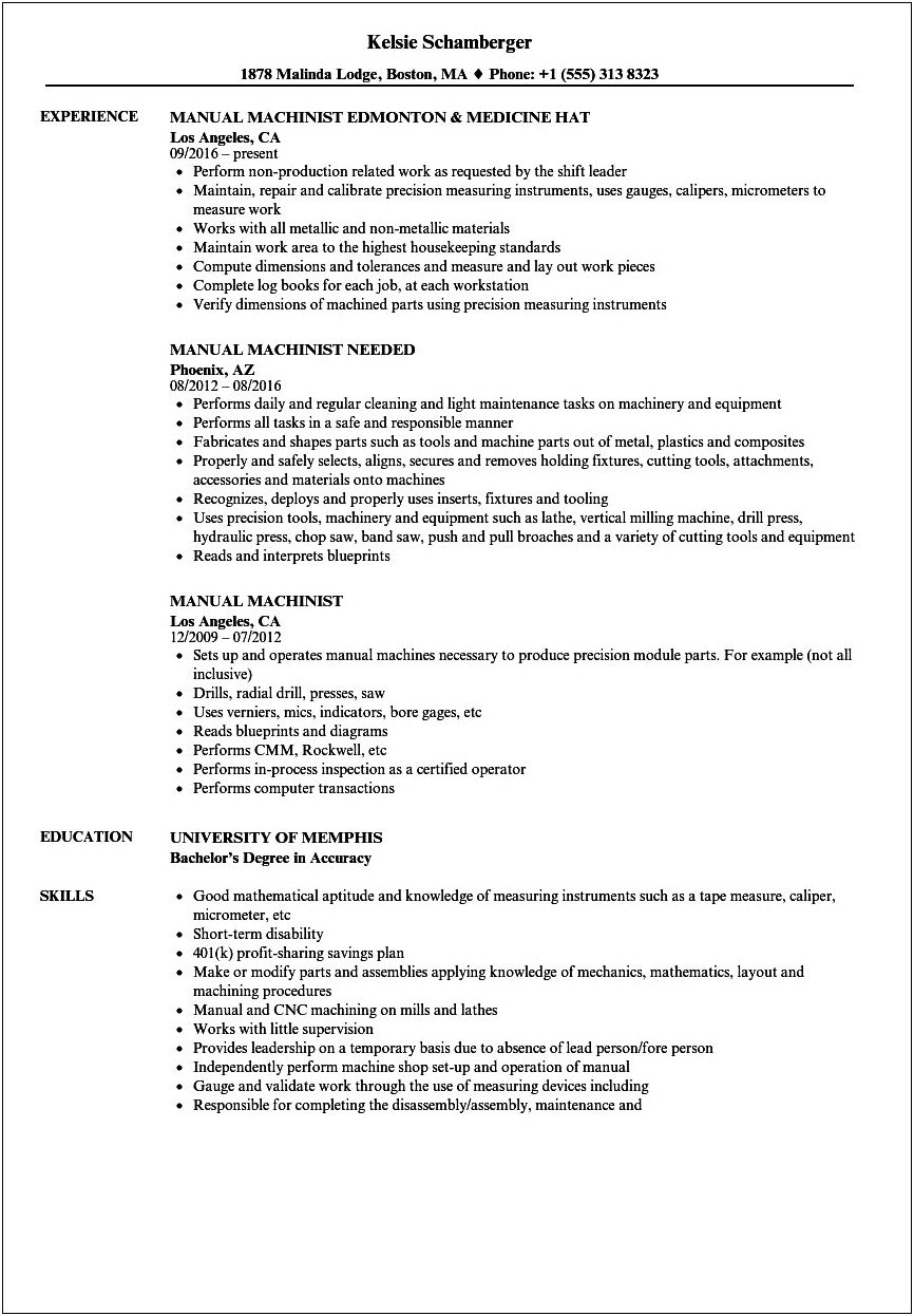 Resume For Beginning Machinist Example