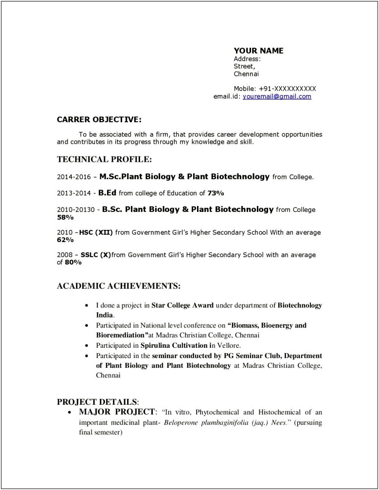 Resume For Biotechnology Internship Job