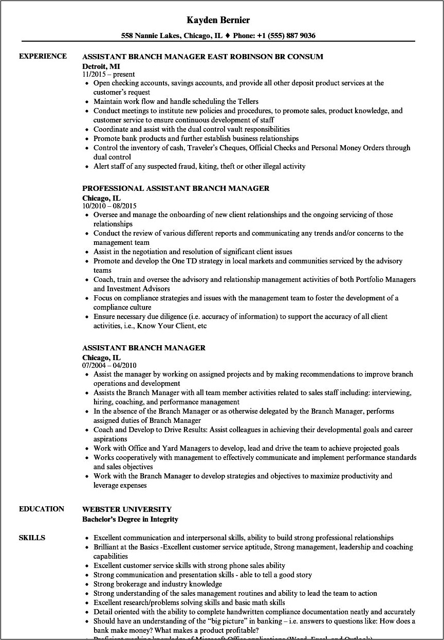Resume For Branch Managers Sample