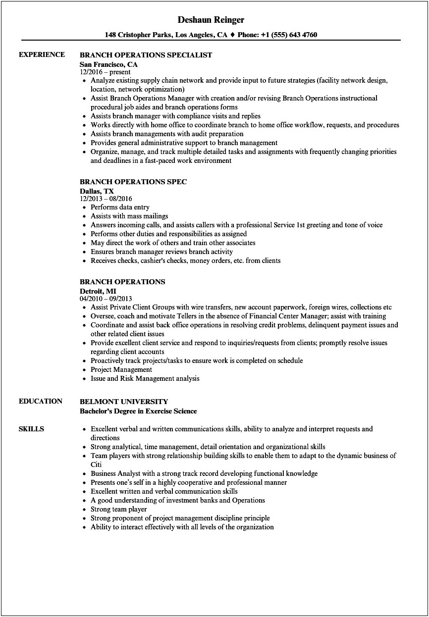 Resume For Branch Operations Manager