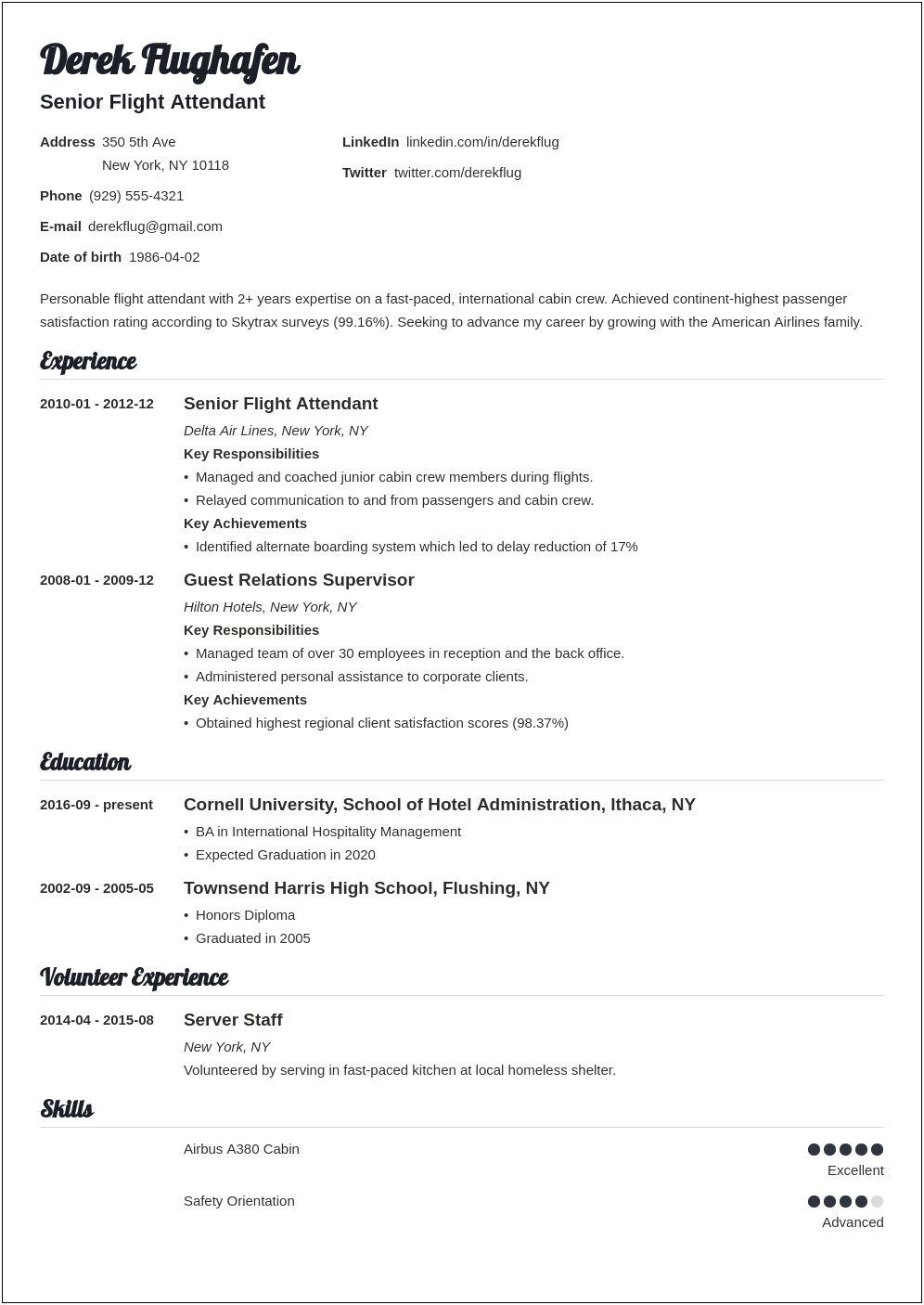 Resume For Cabin Crew With Experience