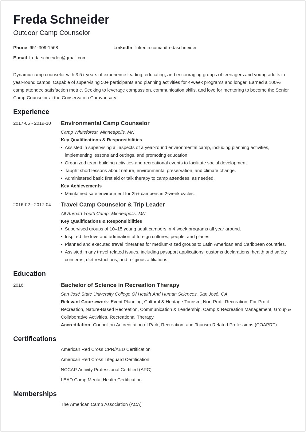 Resume For Camp Counselor Job