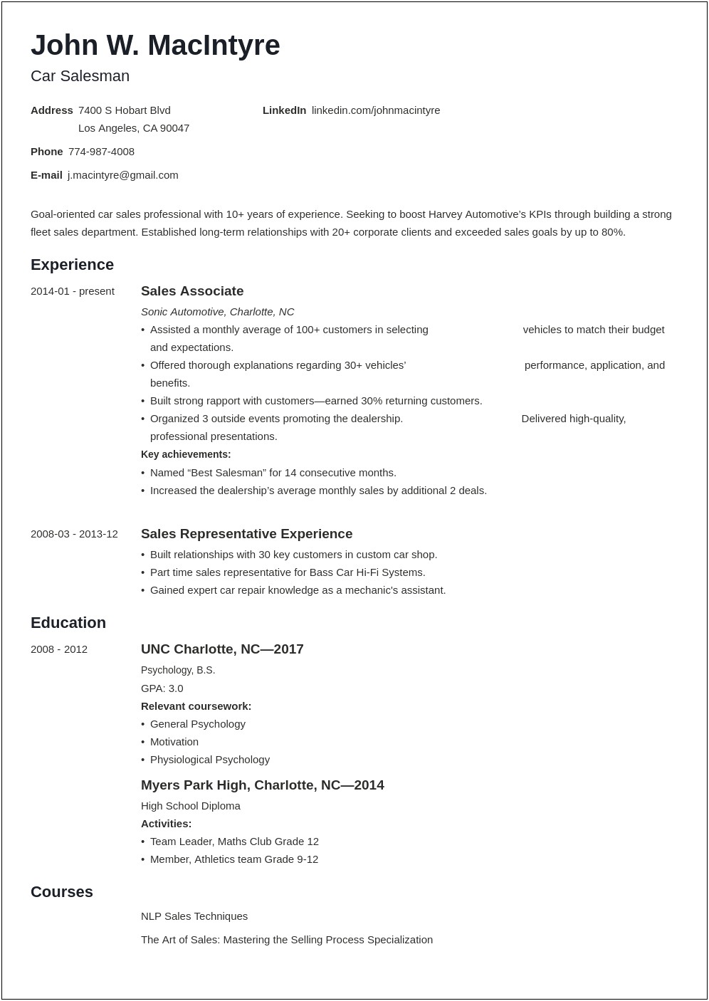 Resume For Car Salesman With No Experience