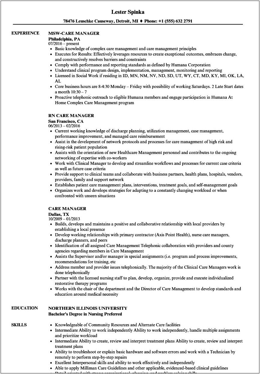 Resume For Care Manager To High Profile