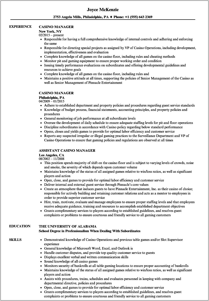 Resume For Casino Security Objective