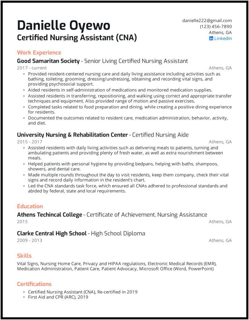 Resume For Certified Nursing Assistant Without Experience