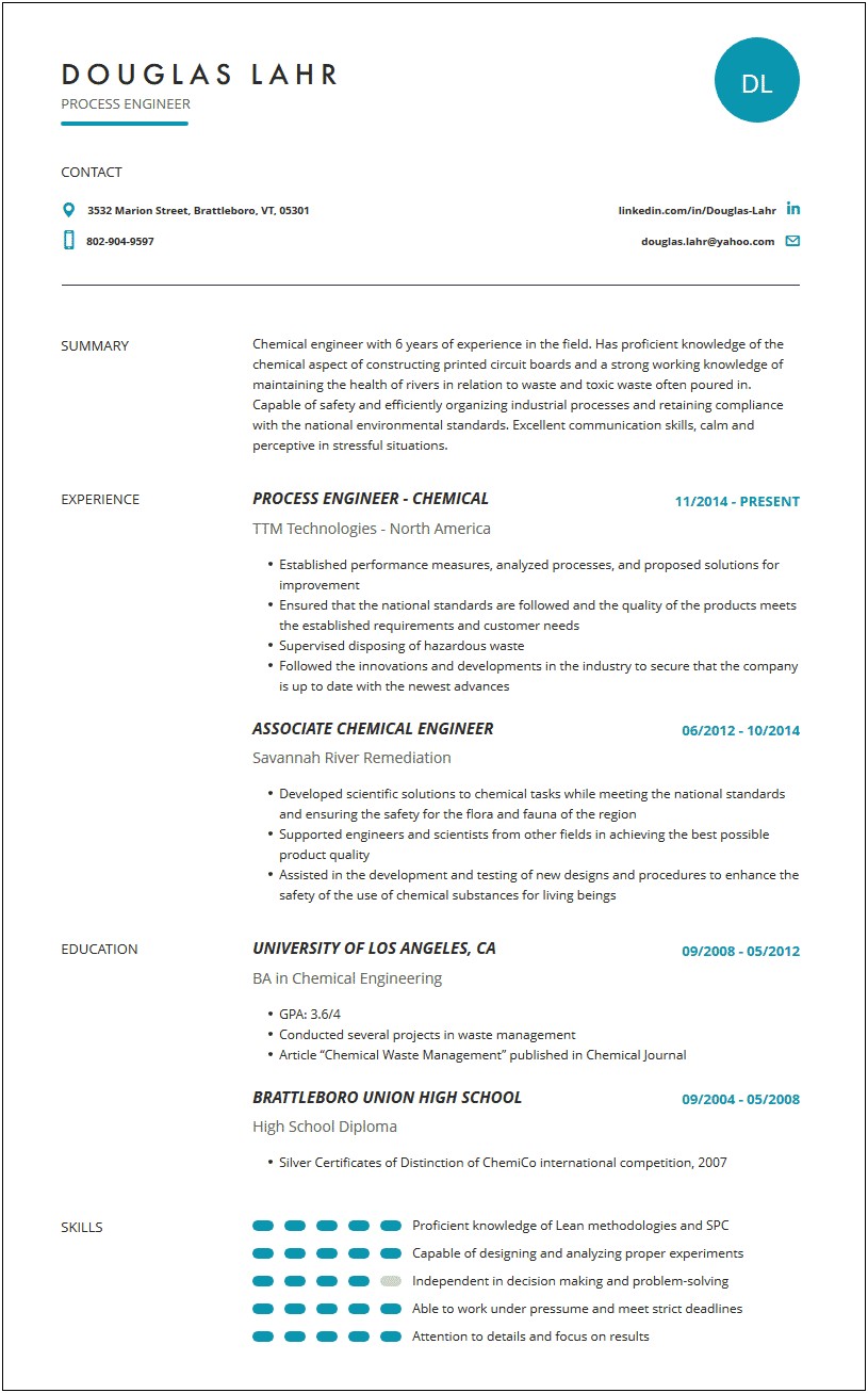 Resume For Chemical Engineer Energy Free Doc
