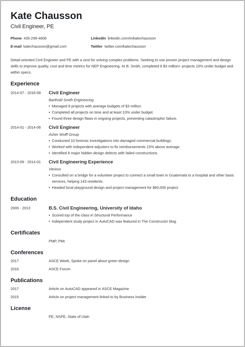 Resume For Civil Engineer With Two Year Experience