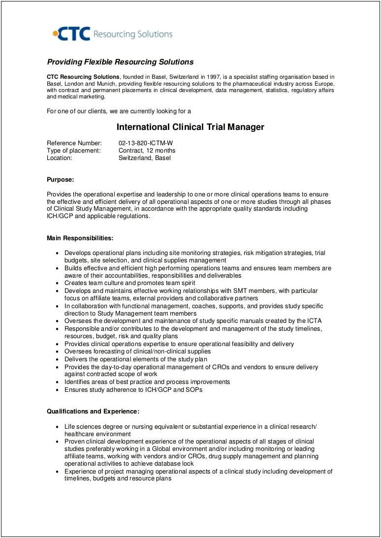 Resume For Clinical Study Manager