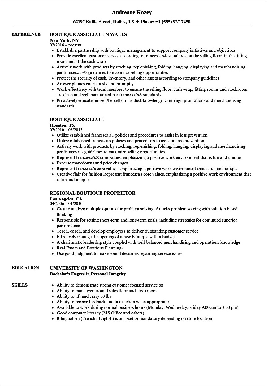 Resume For Clothing Retail Jobs