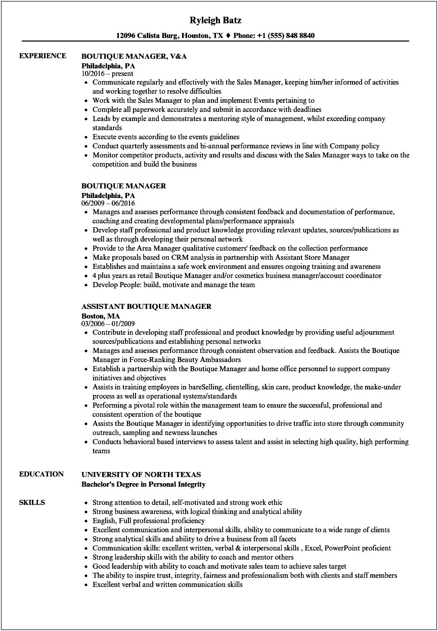 Resume For Clothing Store Sales Manager