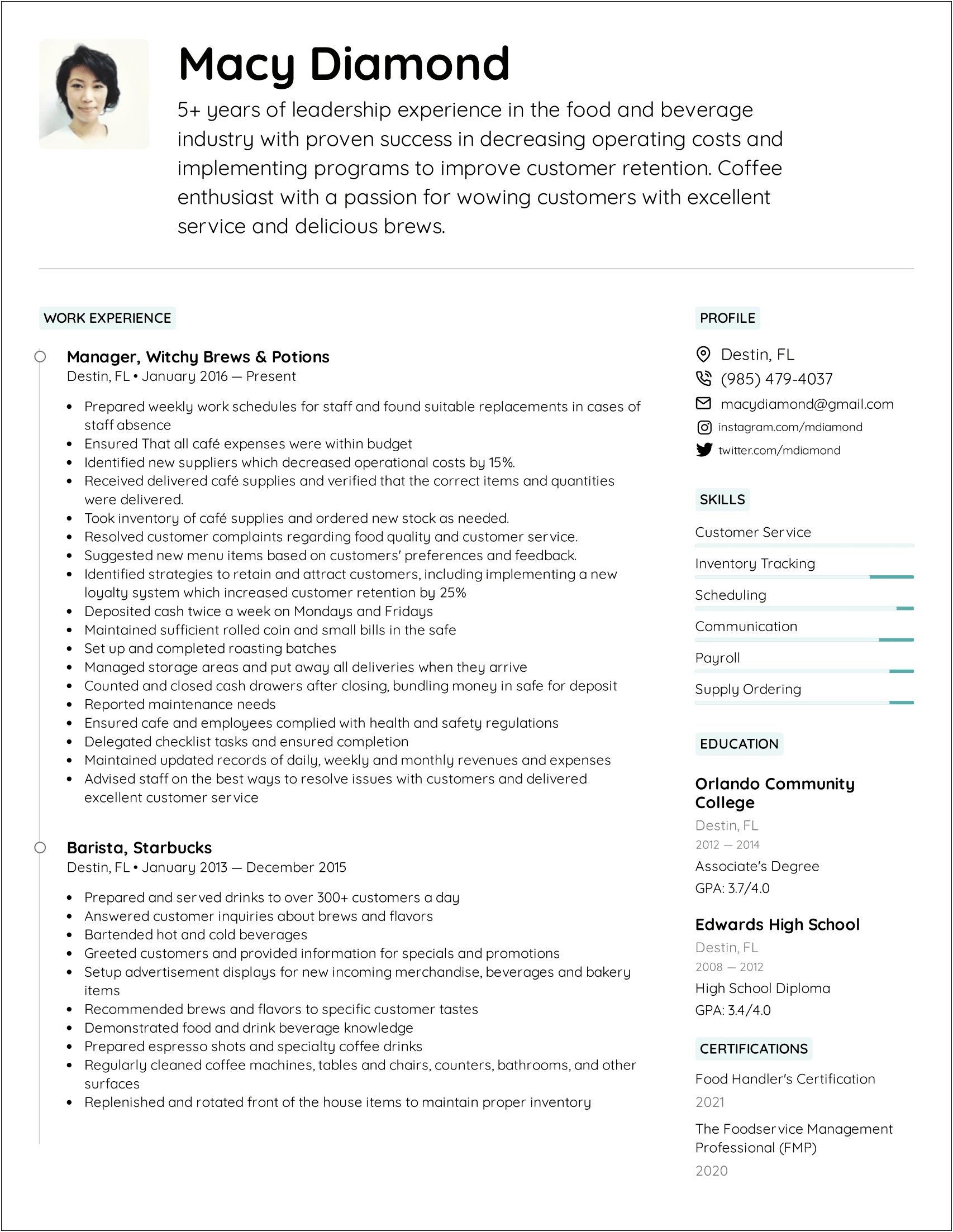 Resume For Coffee Bean Store Manager