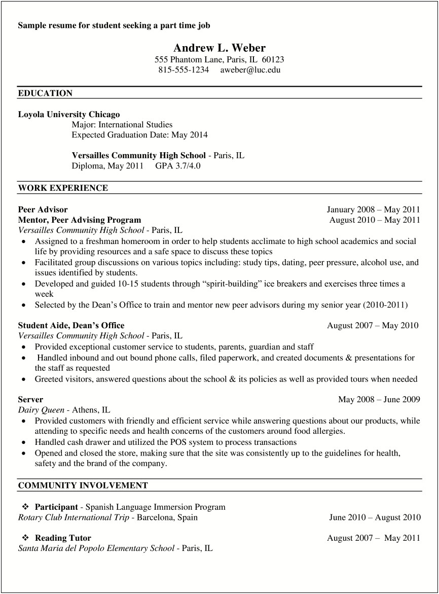 Resume For College Student Seeking Part Time Job
