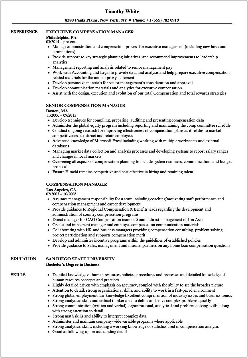 Resume For Compensation And Benefits Manager