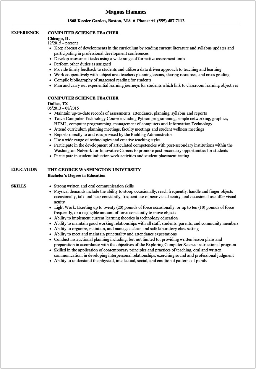 Resume For Computer Teacher In School