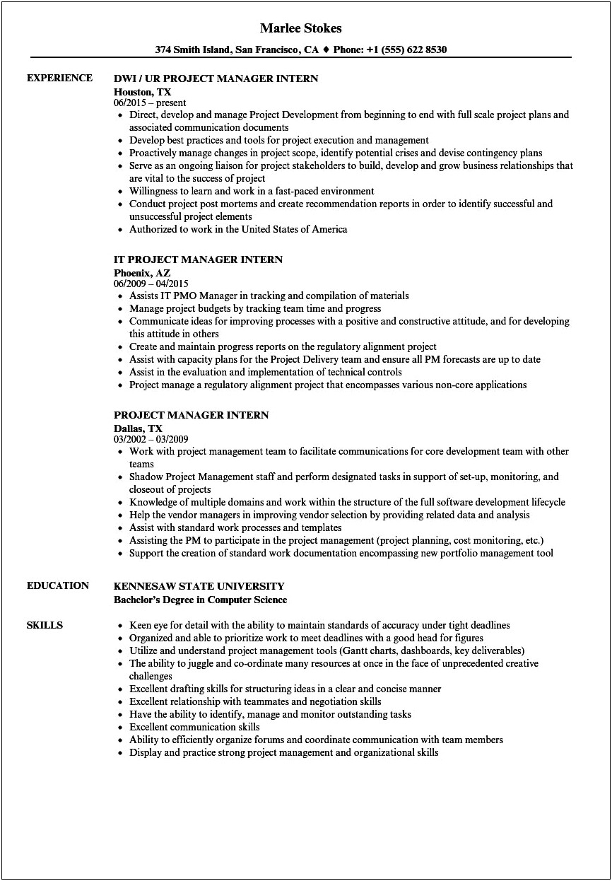 Resume For Construction Management Internship