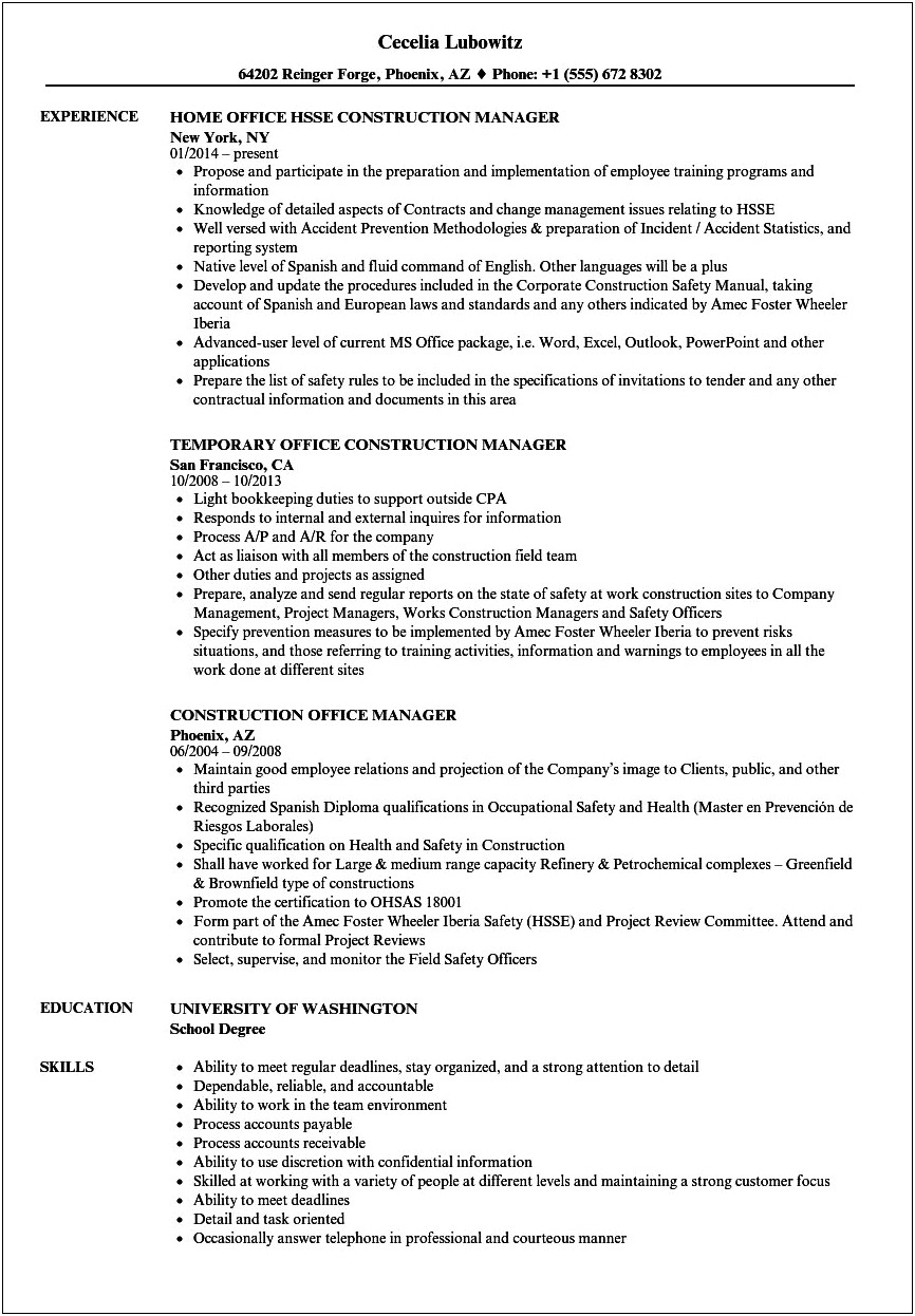 Resume For Construction Office Manager