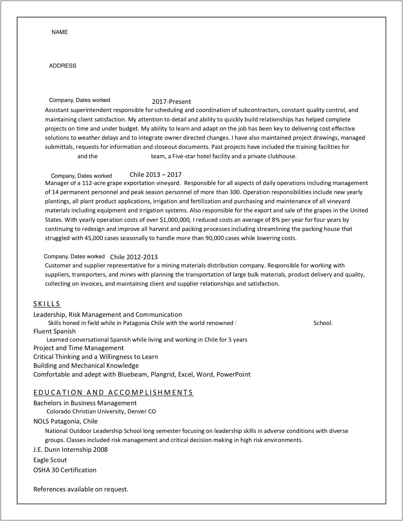 Resume For Construction Site Manager