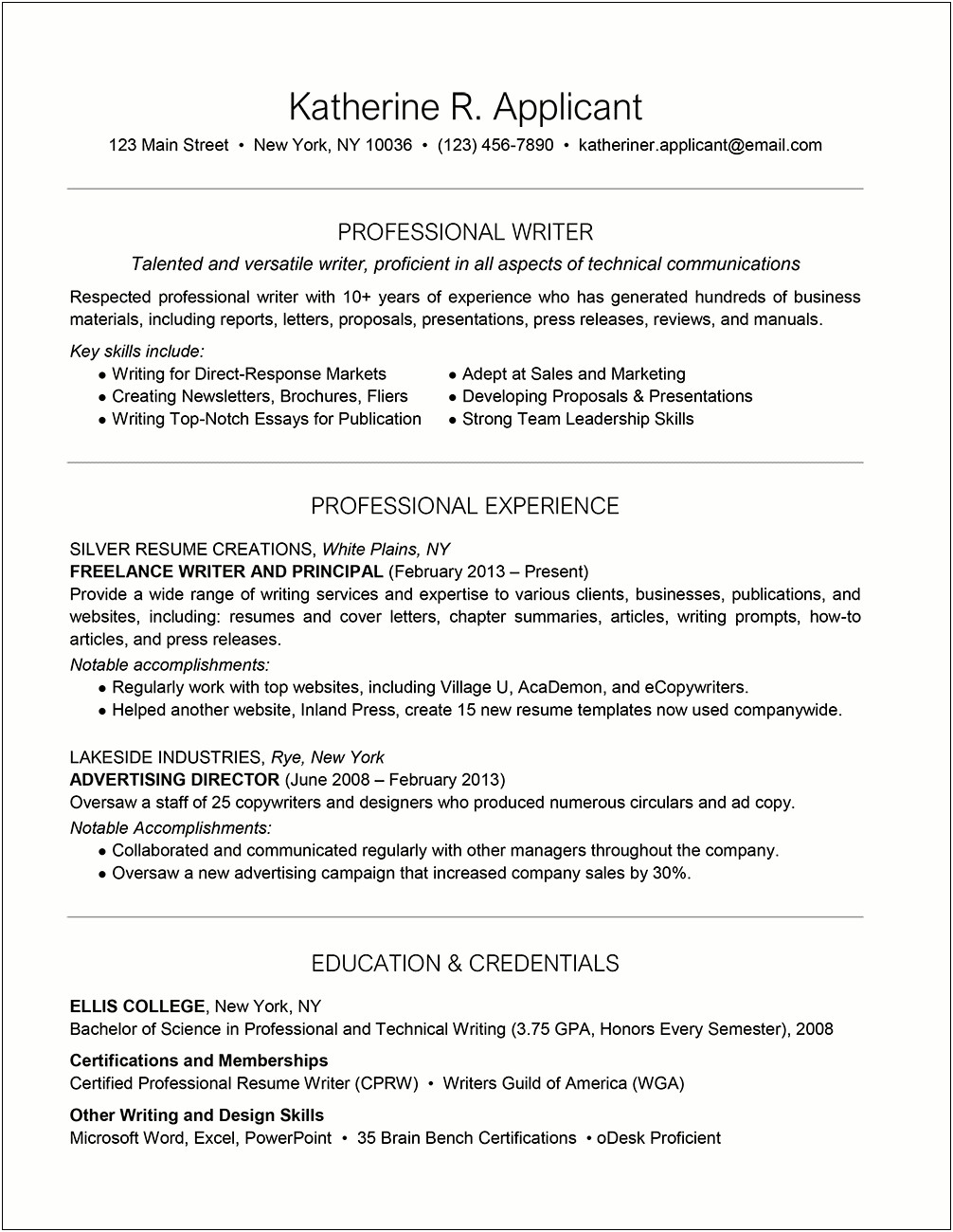Resume For Creative Writer Sample