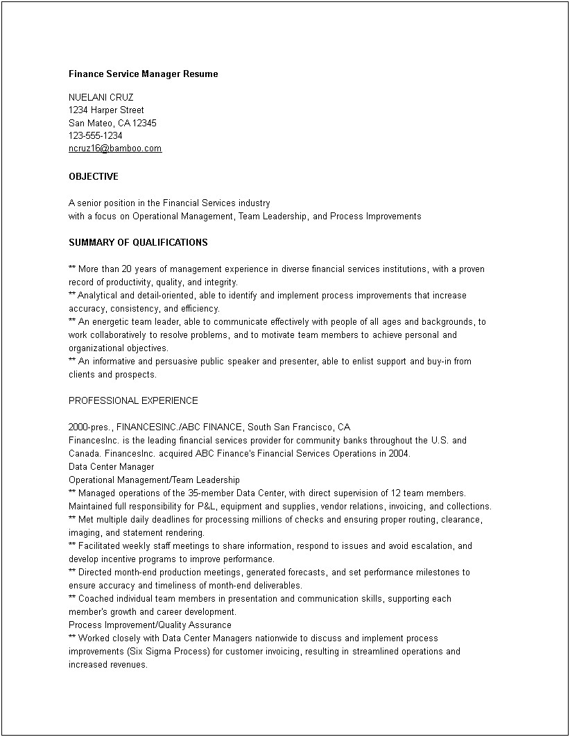 Resume For Customer Service Manager Position