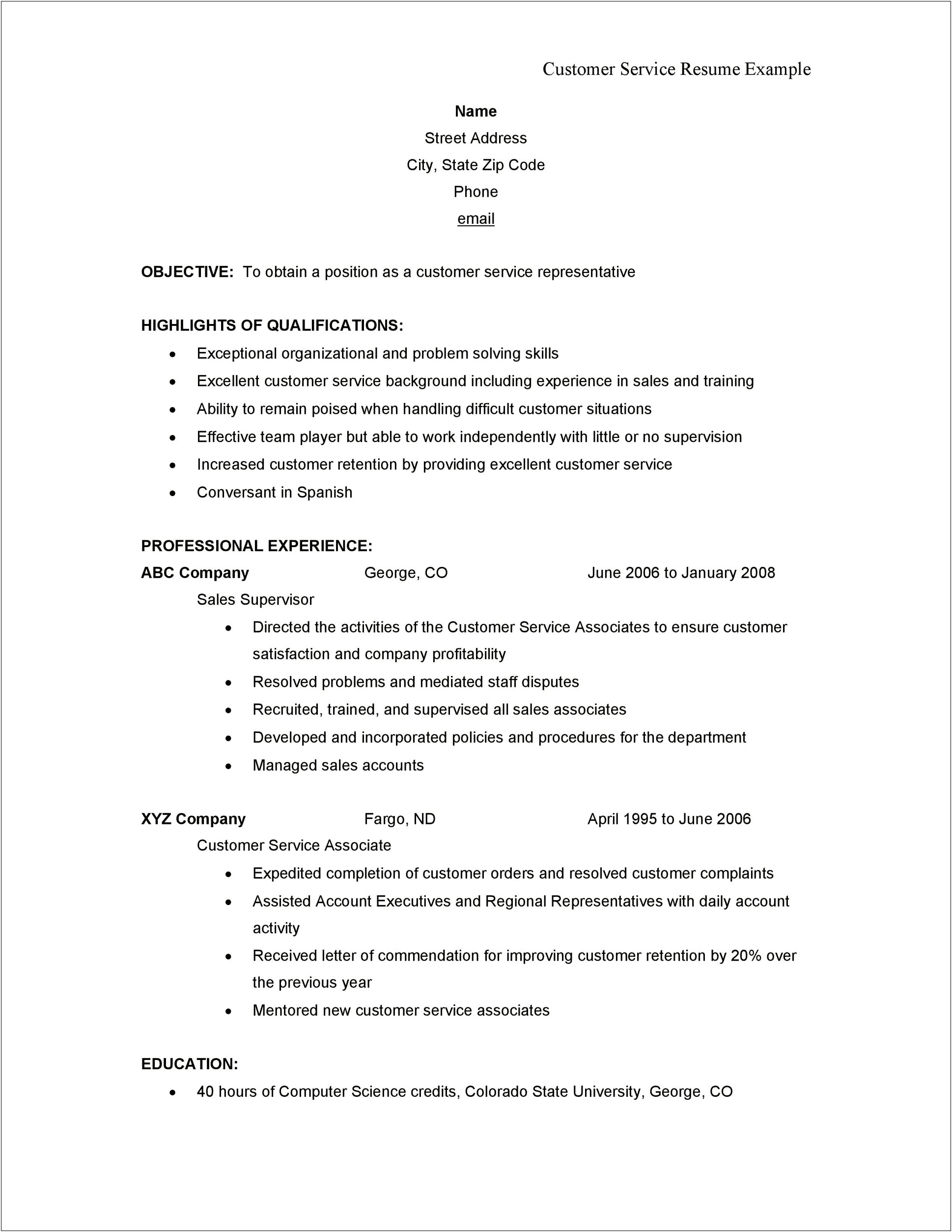 Resume For Customer Service Representative With No Experience