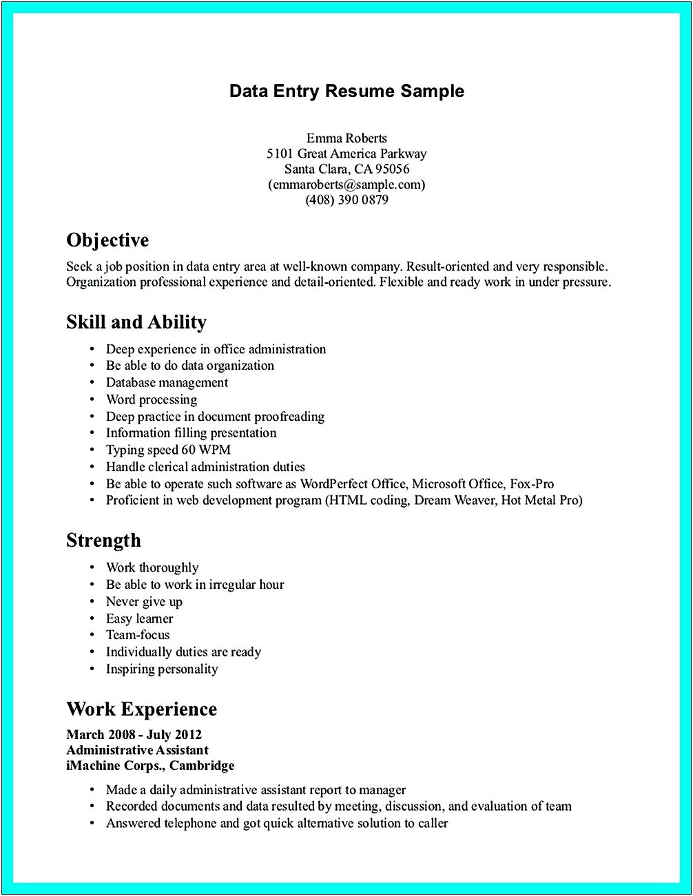 Resume For Data Entry Position Sample