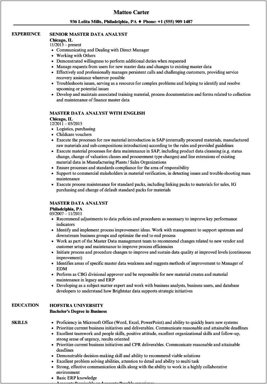 Resume For Data Management Analyst