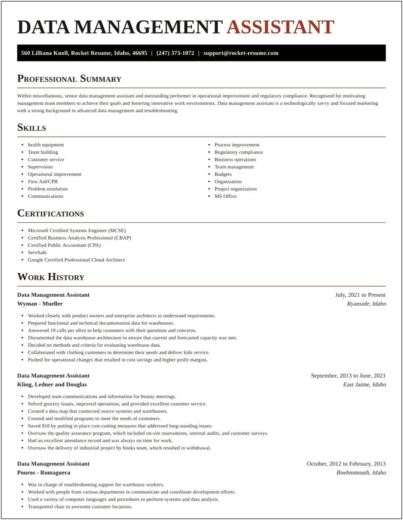 Resume For Data Management Assistant