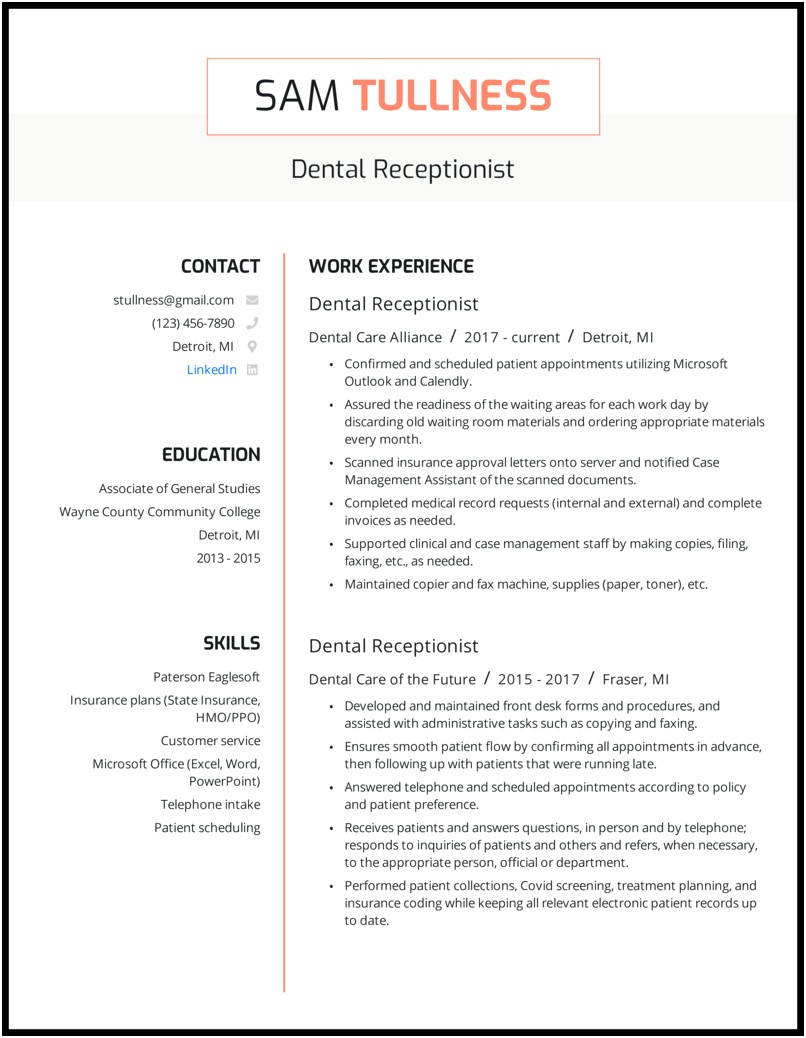 Resume For Dental Receptionist With No Experience
