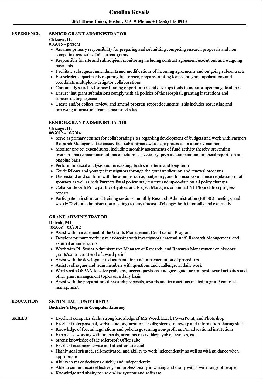 Resume For Development Grant Manager