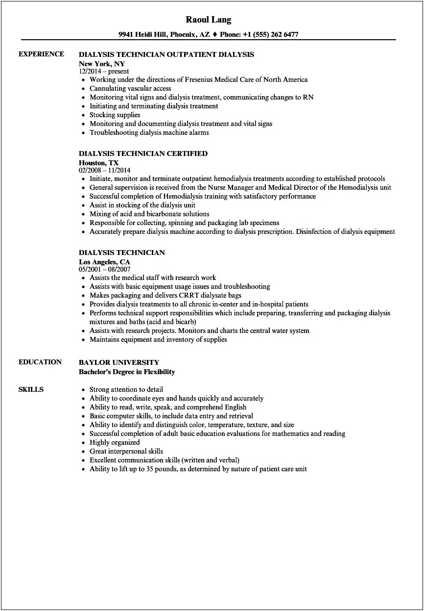 Resume For Dialysis Technician No Experience